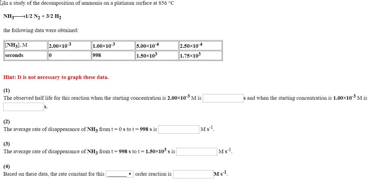 In a study of the decomposition of ammonia on a platinum surface at 856 °C
NH3
→1/2 N2 + 3/2 H,
the following data were obtained:
2.00×103
5.00x104
1.50x103
1.00x10-3
2.50x104
1.75x103
NH3), M
seconds
998
Hint: It is not necessary to graph these data.
(1)
The observed half life for this reaction when the starting concentration is 2.00x10 3 M is
s and when the starting concentration is 1.00x10 M is
(2)
The average rate of disappearance of NH3 from t =0s to t = 998 s is
|Ms.
(3)
The average rate of disappearance of NH3 from t= 998 s to t=1.50x103 s is
|Ms.
