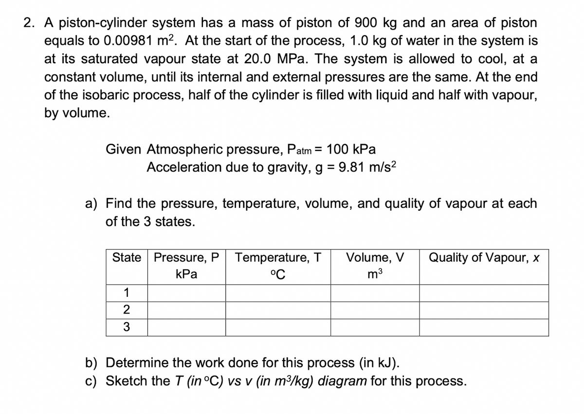 2. A piston-cylinder system has a mass of piston of 900 kg and an area of piston
equals to 0.00981 m². At the start of the process, 1.0 kg of water in the system is
at its saturated vapour state at 20.0 MPa. The system is allowed to cool, at a
constant volume, until its internal and external pressures are the same. At the end
of the isobaric process, half of the cylinder is filled with liquid and half with vapour,
by volume.
Given Atmospheric pressure, Patm = 100 kPa
Acceleration due to gravity, g = 9.81 m/s²
a) Find the pressure, temperature, volume, and quality of vapour at each
of the 3 states.
State Pressure, P
kPa
1
2
3
Temperature, T Volume, V Quality of Vapour, x
°C
m³
b) Determine the work done for this process (in kJ).
c) Sketch the T (in °C) vs v (in m³/kg) diagram for this process.