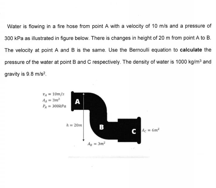 Water is flowing in a fire hose from point A with a velocity of 10 m/s and a pressure of
300 kPa as illustrated in figure below. There is changes in height of 20 m from point A to B.
The velocity at point A and B is the same. Use the Bernoulli equation to calculate the
pressure of the water at point B and C respectively. The density of water is 1000 kg/m³ and
gravity is 9.8 m/s?.
VA = 10m/s
A = 3m?
A
Pa = 300kPa
h= 20m
B
C Ac = 6m?
Ag = 3m?
