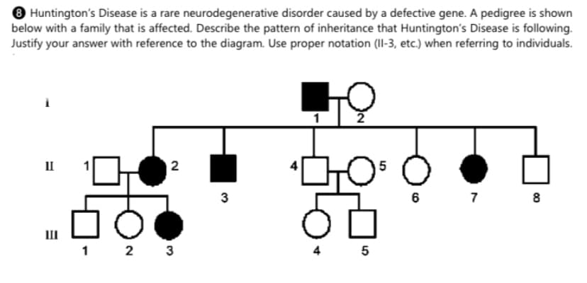 O Huntington's Disease is a rare neurodegenerative disorder caused by a defective gene. A pedigree is shown
below with a family that is affected. Describe the pattern of inheritance that Huntington's Disease is following.
Justify your answer with reference to the diagram. Use proper notation (II-3, etc.) when referring to individuals.
II
2
3
6
8
II
1 2 3
4
5
7.
