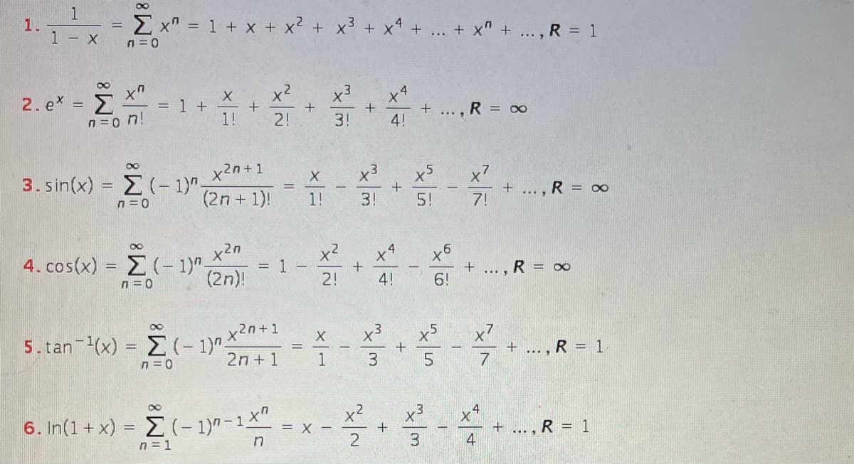 1
1.
1 – x
E x" = 1 + x + x2 + x3 + x* + ... + x" + ... , R = 1
n =0
2. ex = 5 x"
n =0 n!
x2
x3
= 1 +
1!
+
4!
R = 00
....
2!
3!
x2n+1
x3
x5
x7
3. sin(x) = E(– 1)".
n = 0
R = 00
%3D
(2n+ 1)!
1!
3!
5!
7!
x6
4. cos(x)
M-1)".
1
R = 00
n =0
(2n)!
2!
4!
6!
,2n+1
5. tan (x) = E(-1)""
2n + 1
+ ... , R = 1
7
%3D
n =D0
3
6. In(1 + x) = E(- 1)^ -1×".
+ ..., R = 1
4
= X -
+
2
3.
n = 1
