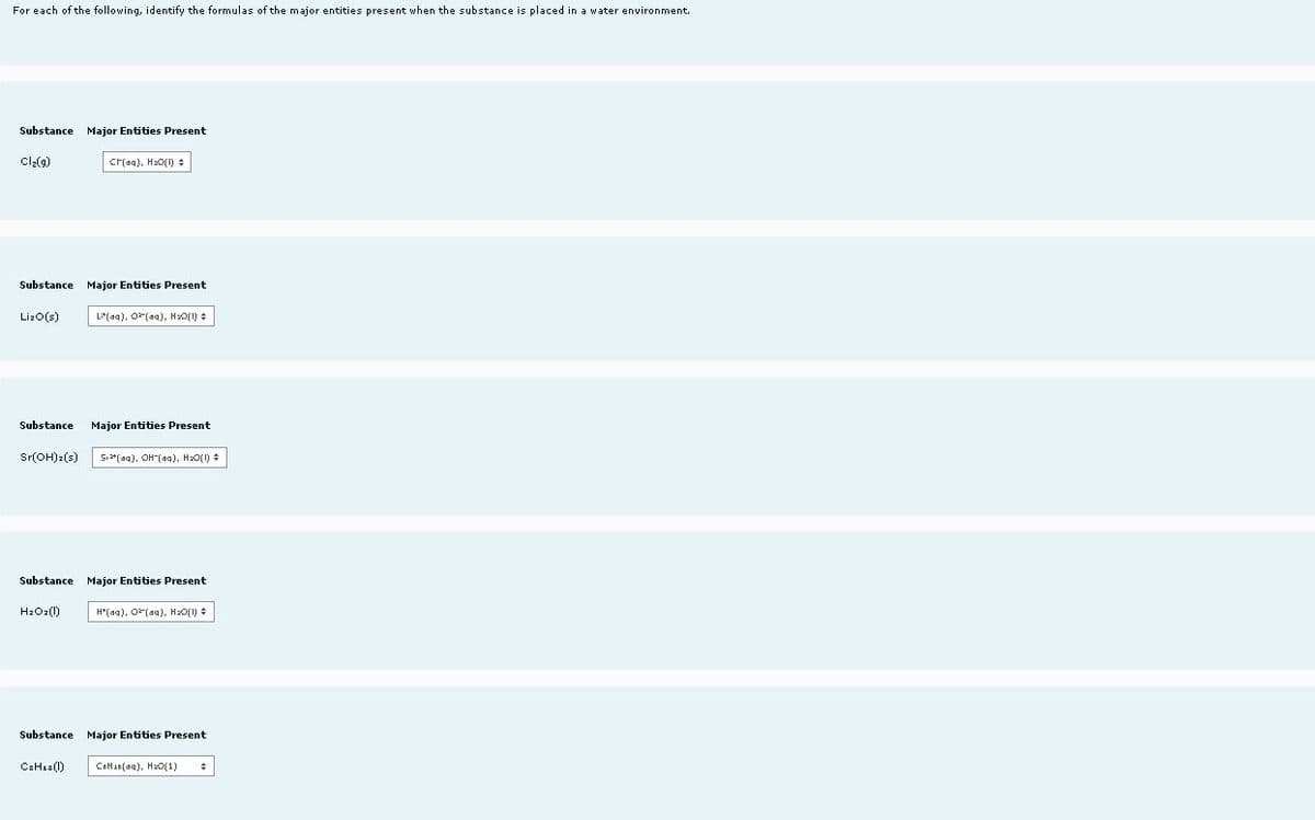 For each of the following, identify the formulas of the major entities present when the substance is placed in a water environment.
Substance Major Entities Present
Clalg)
Cr(aa), H2O(1)
Substance Major Entities Present
Liz0(s)
L*(aq), OF(aa). HxO(1) :
Substance
Major Entities Present
Sr(OH)z(s)
5i*(aq), OH"(aq), H2O(1) =
Substance Major Entities Present
H2O2(1)
H*(aa), O(aa), HaO(1)
Substance Major Entities Present
CaHaa (1)
CoHAD(a9), HxO(1)
