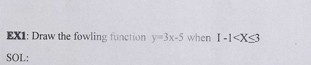 EX1: Draw the fowling function y=3x-5 when I-1<X<3
SOL:
