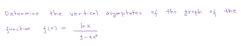 Determine
function
the vertical asymptotes of
Inx
f(x)
9-4x²²
the graph
graph of
the