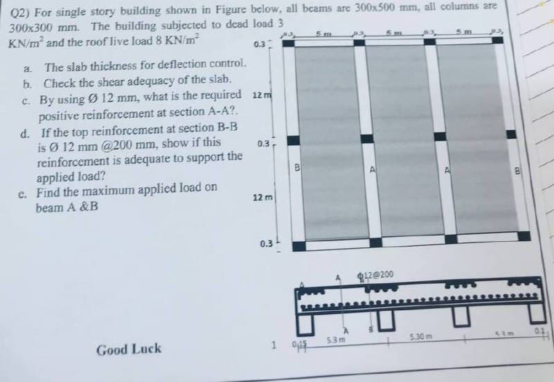 Q2) For single story building shown in Figure below, all beams are 300x500 mm, all columns are
300x300 mm. The building subjected to dcad load 3
KN/m and the roof live load 8 KN/m
5 m
0.3
a.
The slab thickness for deflection control.
b. Check the shear adequacy of the slab.
c. By using Ø 12 mm, what is the required 12 m
positive reinforcement at section A-A?.
d. If the top reinforcement at section B-B
is Ø 12 mm @ 200 mm, show if this
reinforcement is adequate to support the
applied load?
e. Find the maximum applied load on
beam A &B
0.3
B
12 m
0.3
12e200
53m
5.30 m
Good Luck
1 045
