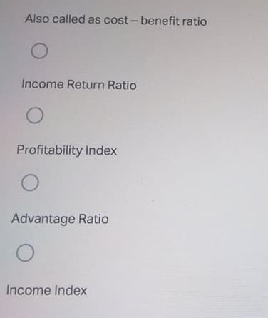 Also called as cost - benefit ratio
Income Return Ratio
Profitability Index
Advantage Ratio
Income Index
