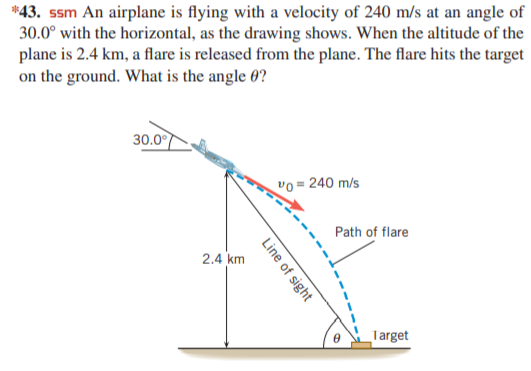 *43. ssm An airplane is flying with a velocity of 240 m/s at an angle of
30.0° with the horizontal, as the drawing shows. When the altitude of the
plane is 2.4 km, a flare is released from the plane. The flare hits the target
on the ground. What is the angle 0?
30.0
vo
240 m/s
Path of flare
2.4 km
Target
Line of sight
