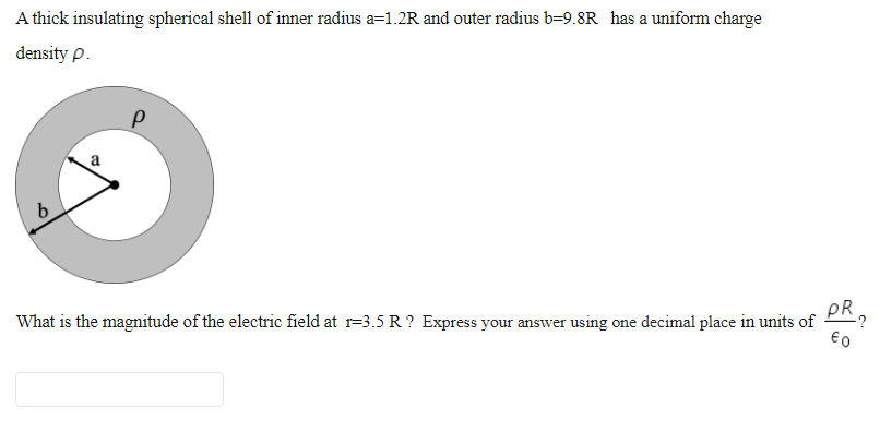 A thick insulating spherical shell of inner radius a=1.2R and outer radius b=9.8R has a uniform charge
density p.
PR,
What is the magnitude of the electric field at r=3.5 R ? Express your answer using one decimal place in units of
€0
