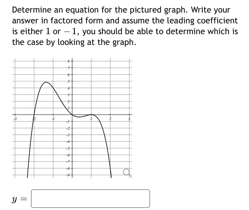 Determine an equation for the pictured graph. Write your
answer in factored form and assume the leading coefficient
is either 1 or – 1, you should be able to determine which is
the case by looking at the graph.
구
-4
-7
