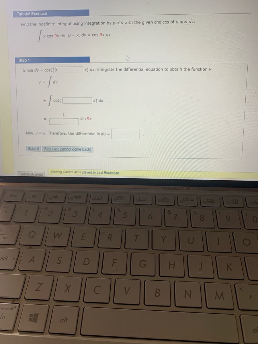 Tutorial Exercise
Find the indefinite integral using integration by parts with the given choices of u and dv.
x cos 9x dx; u = x, dv = cos 9x dx
Step 1
Since dv = cos( 9
x) dx, integrate the differential equation to obtain the function v.
V =
dv
cos(
x) dx
1
sin 9x
%3D
Also, u = x. Therefore, the differential is du =
Submit Skip (you cannot come back)
Viewing Saved Work Revert to Last Response
Submit Answer
asus COLLECTION
esc
13)
17
%23
24
4.
%
2
3
&
08.
W
T
Y
U
ock .
F
G
V.
+ esc
fn
alt
6
B
16
5
LLI
