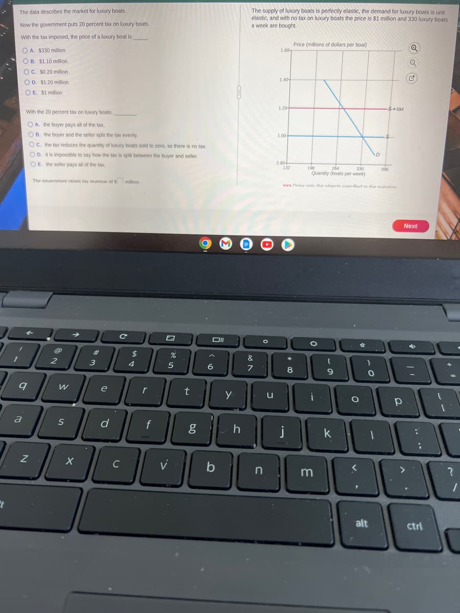 1
t
The data describes the market for luxury boats.
Now the government puts 20 percent tax on luxury boats.
With the tax imposed, the price of a luxury boat is
OA. $330 million
OB. $1.10 million
OC. $0.20 million
D. $1.20 million
OE. $1 million
a
With the 20 percent tax on luxury boats,
OA. the buyer pays all of the tax.
OB. the buyer and the seller split the tax evenly.
OC. the tax reduces the quantity of luxury boats sold to zero, so there is no tax.
OD. it is impossible to say how the tax is split between the buyer and seller.
OE. the seller pays all of the tax.
9
The government raises tax revenue of s
Z
2
W
S
3
e
d
millinn.
AOC
с
C с
$
4
r
f
%
5
v
t
6.0
Oll
6
3
b
y
h
The supply of luxury boats is perfectly elastic, the demand for luxury boats is unit
elastic, and with no tax on luxury boats the price is $1 million and 330 luxury boats
a week are bought.
&
7
u
1.60
1.40
1.20
1.00+
0.80+
Q
n
132
j
Price (millions of dollars per boat)
198
264
330
Quantity (boats per week)
sss Draw onhs the nhierte enarifiart in the mastinn
*
8
O
(
9
DI
m
k
O
)
O
D
$+tax
alt
396
р
D
Q
a
Next
:
ctrl
[:
?
1