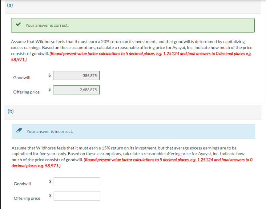 (a)
Your answer is correct.
Assume that Wildhorse feels that it must earn a 20% return on its investment, and that goodwill is determined by capitalizing
excess earnings. Based on these assumptions, calculate a reasonable offering price for Ayayai, Inc. Indicate how much of the price
consists of goodwill. (Round present value factor calculations to 5 decimal places, e.g. 1.25124 and final answers to O decimal places e.g.
58,971.)
Goodwill
Offering price
(b)
SA
Your answer is incorrect.
Goodwill
SA
Offering price
Assume that Wildhorse feels that it must earn a 15% return on its investment, but that average excess earnings are to be
capitalized for five years only. Based on these assumptions, calculate a reasonable offering price for Ayayai, Inc. Indicate how
much of the price consists of goodwill. (Round present value factor calculations to 5 decimal places, e.g. 1.25124 and final answers to O
decimal places e.g. 58,971.)
$
385,875
$
2,683,875