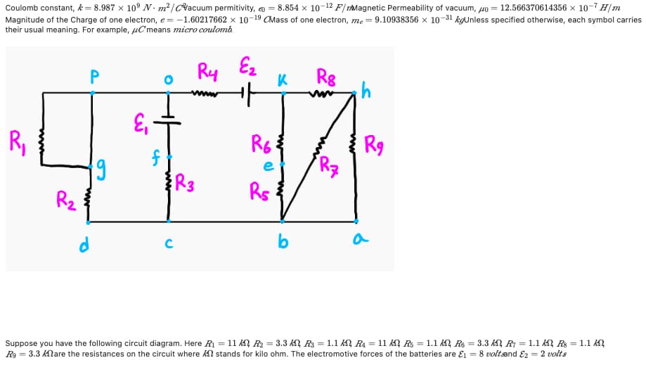 Coulomb constant, k= 8.987 x 10° N. m²/Cacuum permitivity, en = 8.854 x 10-12 F/ TMagnetic Permeability of vacuum, 40 = 12.566370614356 x 10-7 H|m
Magnitude of the Charge of one electron, e = -1.60217662 × 10-19 CMass of one electron, me = 9.10938356 x 10-31 kgUnless specified otherwise, each symbol carries
their usual meaning. For example, µCmeans micro coulomă
Ry
Ez
Rg
ww
R,
R6
R9
e
R3
Rs
Rz
b
a
Suppose you have the following circuit diagram. Here R = 11 K R2 = 3.3 KN, R3 = 1.1 k R4 = 11 K R = 1.1 K, R = 3.3 K R1 = 1.1 k Rs = 1.1 K,
Ro = 3.3 AMare the resistances on the circuit where N stands for kilo ohm. The electromotive forces of the batteries are E1 = 8 voltsand E2 = 2 volts
