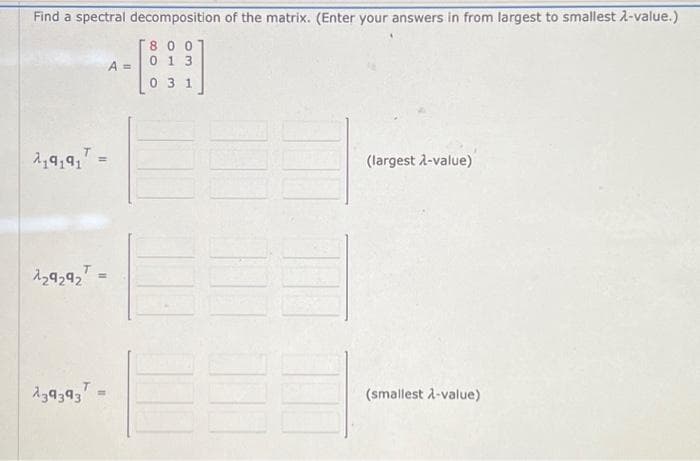 Find a spectral decomposition of the matrix. (Enter your answers in from largest to smallest λ-value.)
800
013
031
21
129292=
139393
=
A =
(largest λ-value)
(smallest λ-value)