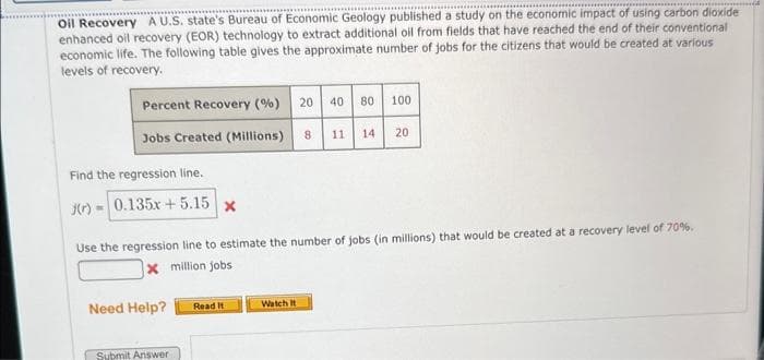 Oil Recovery A U.S. state's Bureau of Economic Geology published a study on the economic impact of using carbon dioxide
enhanced oil recovery (EOR) technology to extract additional oil from fields that have reached the end of their conventional
economic life. The following table gives the approximate number of jobs for the citizens that would be created at various
levels of recovery.
Percent Recovery (%) 20
Jobs Created (Millions)
Find the regression line.
()-0.135x+5.15 x
Need Help?
Submit Answer
Use the regression line to estimate the number of jobs (in millions) that would be created at a recovery level of 70%.
x million jobs
Read It
8
Watch It
40 80 100
11 14 20