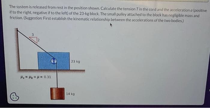 The system is released from rest in the position shown. Calculate the tension T in the cord and the acceleration a (positive
if to the right, negative if to the left) of the 23-kg block. The small pulley attached to the block has negligible mass and
friction. (Suggestion: First establish the kinematic relationship between the accelerations of the two bodies.)
H₂H 0.31
23 kg
14 kg