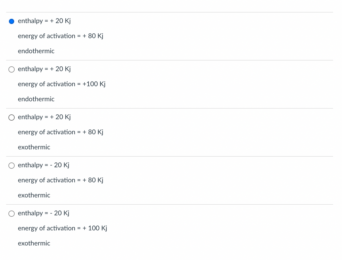 enthalpy = + 20 Kj
energy of activation = + 80 Kj
endothermic
enthalpy = + 20 Kj
energy of activation
endothermic
enthalpy = + 20 Kj
energy of activation = + 80 Kj
exothermic
+100 Kj
enthalpy = 20 Kj
energy of activation = + 80 Kj
exothermic
enthalpy = 20 Kj
energy of activation = + 100 Kj
exothermic