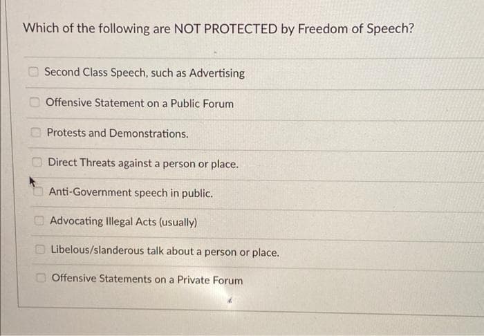 Which of the following are NOT PROTECTED by Freedom of Speech?
O Second Class Speech, such as Advertising
O Offensive Statement on a Public Forum
OProtests and Demonstrations.
Direct Threats against a person or place.
OAnti-Government speech in public.
O Advocating Illegal Acts (usually)
O Libelous/slanderous talk about a person or place.
Offensive Statements on a Private Forum
