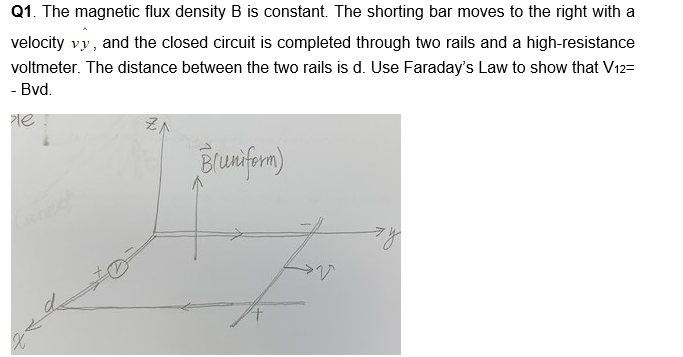 Q1. The magnetic flux density B is constant. The shorting bar moves to the right with a
velocity vy, and the closed circuit is completed through two rails and a high-resistance
voltmeter. The distance between the two rails is d. Use Faraday's Law to show that V12=
- Bvd.
Pie
