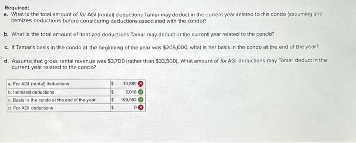 Required:
a. What is the total amount of for AGI (rental) deductions Tamar may deduct in the current year related to the condo (assuming she
itemizes deductions before considering deductions associated with the condo)?
b. What is the total amount of itemized deductions Tamar may deduct in the current year related to the condo?
c. If Tamar's basis in the condo at the beginning of the year was $205,000, what is her basis in the condo at the end of the year?
d. Assume that gross rental revenue was $3,700 (rather than $33,500). What amount of for AGI deductions may Tamar deduct in the
current year related to the condo?
a. For AGI (rental) deductions
b. Itemized deductions
c. Basis in the condo at the end of the year
d. For AGI deductions
$
10,889
$
5,018
$ 199,092
$
0x