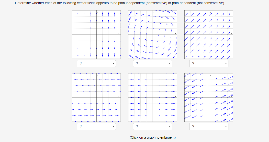 Determine whether each of the following vector fields appears to be path independent (conservative) or path dependent (not conservative).
1
?
1 ~
Į
4
2
T
T
t
L
2
1
1
1
(Click on a graph to enlarge it)
?
2