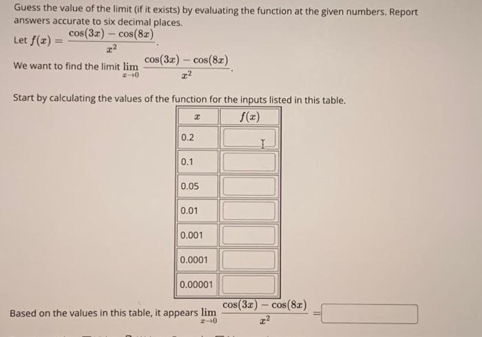 Guess the value of the limit (if it exists) by evaluating the function at the given numbers. Report
answers accurate to six decimal places.
Let f(x) =
cos(3x) - cos(8x)
x²
We want to find the limit lim
2-0
cos(3x) - cos(8x)
x²
Start by calculating the values of the function for the inputs listed in this table.
x
0.2
0.1
0.05
0.01
0.001
0.0001
0.00001
Based on the values in this table, it appears lim
2-0
cos(3x) - cos(8x)
I²