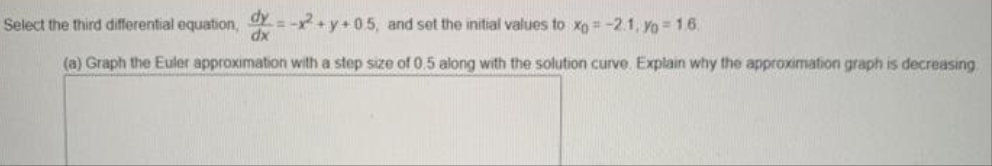 Select the third differential equation, dy=-x2+y+0.5, and set the initial values to xo = -2.1, Y0 = 1.6.
dx
(a) Graph the Euler approximation with a step size of 0.5 along with the solution curve. Explain why the approximation graph is decreasing