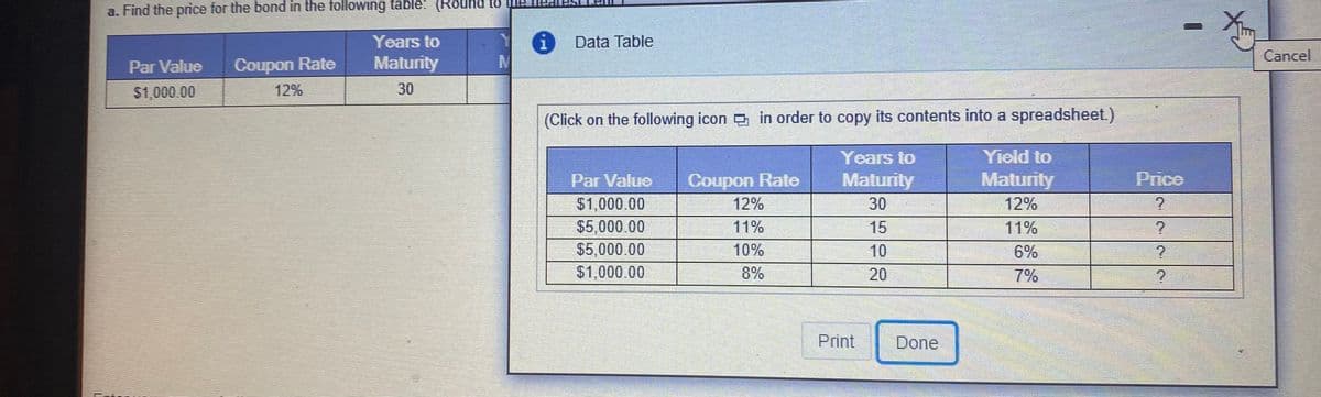 a. Find the price for the bond in the following table: (Round to the
Years to
Data Table
Cancel
Coupon Rate
12%
Par Value
Maturity
$1,000.00
30
(Click on the following icon in order to copy its contents into a spreadsheet.)
Yield to
Years to
Maturity
Maturity
12%
Par Value
Coupon Rate
Price
$1,000.00
$5,000.00
12%
30
11%
15
11%
$5,000.00
10%
10
6%
$1,000.00
8%
20
7%
Print
Done
