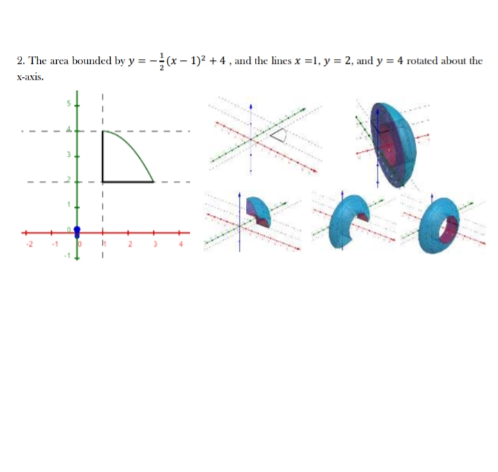 2. The area bounded by y = -(x – 1)2 + 4 , and the lines x =1, y = 2, and y = 4 rotated about the
x-axis.
