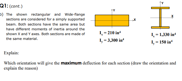 Q1: (cont.)
b) The shown rectangular and Wide-flange
sections are considered for a simply supported
beam. Both sections have the same area but
have different moments of inertia around the
shown X and Y axes. Both sections are made of
the same material.
I
L = 210 in¹
I, = 3,300 in
I₁ = 1,330 in
1,= 150 in
Explain:
Which orientation will give the maximum deflection for each section (draw the orientation and
explain the reason)