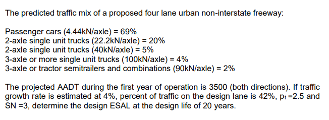 The predicted traffic mix of a proposed four lane urban non-interstate freeway:
Passenger cars (4.44kN/axle) = 69%
2-axle single unit trucks (22.2kN/axle) = 20%
2-axle single unit trucks (40kN/axle) = 5%
3-axle or more single unit trucks (100KN/axle) = 4%
3-axle or tractor semitrailers and combinations (90kN/axle) = 2%
The projected AADT during the first year of operation is 3500 (both directions). If traffic
growth rate is estimated at 4%, percent of traffic on the design lane is 42%, pi =2.5 and
SN =3, determine the design ESAL at the design life of 20 years.
