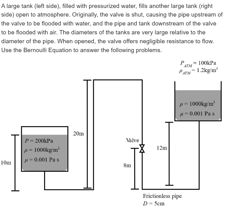 A large tank (left side), filled with pressurized water, fills another large tank (right
side) open to atmosphere. Originally, the valve is shut, causing the pipe upstream of
the valve to be flooded with water, and the pipe and tank downstream of the valve
to be flooded with air. The diameters of the tanks are very large relative to the
diameter of the pipe. When opened, the valve offers negligible resistance to flow.
Use the Bernoulli Equation to answer the following problems.
10m
P = 200kPa
p = 1000kg/m³
μ = 0.001 Pa s
20m
Valve
8m
T
12m
P = 100kPa
ATM
PATM 1.2kg/m³
=
p = 1000kg/m³
μ = 0.001 Pa s
Frictionless pipe
D = 5cm