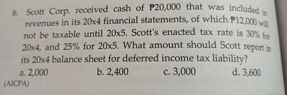 6. Scott Corp. received cash of P20,000 that was included in
revenues in its 20x4 financial statements, of which P12,000 will
not be taxable until 20x5. Scott's enacted tax rate is 30% fo
20x4, and 25% for 20x5. What amount should Scott report in
its 20x4 balance sheet for deferred income tax liability?
d. 3,600
b. 2,400
с. 3,000
a. 2,000
(AICPA)
