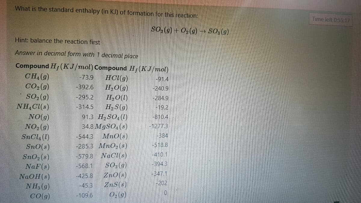 What is the standard enthalpy (in KJ) of formation for this reaction:
Hint: balance the reaction first
Answer in decimal form with 1 decimal place
Compound H, (KJ/mol) Compound H, (KJ/mol)
CHA (9)
-73.9
HCl(9)
-91.4
CO₂ (9)
-392.6
H₂O(g)
-240.9
SO₂ (g)
-295.2
H₂O(1)
-284.9
NH₂Cl(s)
-314.5
H₂S (9)
-19.2
NO(g)
91.3 H₂SO, (!)
-810.4
NO₂ (9)
34.8 MgSO4(s)
-1277.3
SnCl4 (1)
-544.3 MnO(s)
884
SnO(s)
-285.3 MnO₂ (s)
-518.8
SnO₂ (s)
-579.8 NaCl(s)
-410.1
NaF (s)
+394.3
-568.1
SO3 (9)
HBARI
ZnO(s)
NaOH(s)
-425.8
NH3(9)
-45.3
Zns(s)
CO(g)
-109,6
Q₂ (9)
50₂(0) + O2(0) → SO3(9)
-2021
Time left 0:55:17