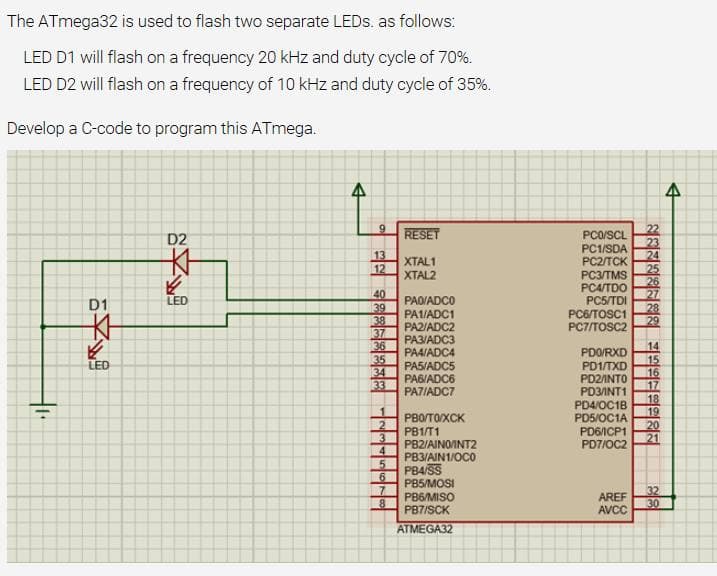 The ATmega32 is used to flash two separate LEDS. as follows:
LED D1 will flash on a frequency 20 kHz and duty cycle of 70%.
LED D2 will flash on a frequency of 10 kHz and duty cycle of 35%.
Develop a C-code to program this ATmega.
22
23
24
25
26
27
28
29
RESET
PCO/SCL
PC1/SDA
PC2/TCK
D2
13
12
XTAL1
XTAL2
PC3/TMS
PC4/TDO
PC5/TDI
40
39
38
37
36
35
34
33
LED
PAO/ADCO
PA1/ADC1
PA2/ADC2
PA3/ADC3
PAAIADC4
D1
PC6/TOSC1
PC7/TOSC2
14
15
16
17
18
19
20
21
PDO/RXD
LED
PAS/ADC5
PAGIADC6
PATIADC7
PD1/TXD
PD2/INTO
PD3/INT1
PD4/OC1B
PD5/OC1A
PD6ICP1
PD7/OC2
PBOTOXCK
PB1/T1
PB2/AINOINT2
4.
PB3/AIN1/OCO
PB4/SS
PB5/MOSI
7.
PB6/MISO
AREF
AVCC
32
30
PB7/SCK
ATMEGA32
