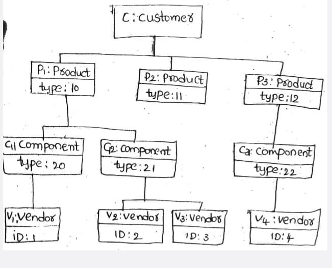 C:customes
Pi:Psoduct
P2: PIoduct
P3: Pooduct
type: 10
type:1
type:12
Gi Component
type: 20
Cp: Component
type:21
Ca Component
type:22
Vvendor
V2:vendos V3: Vendos
2opuan: t
ID:2
1D:3
10:4
iD:1
