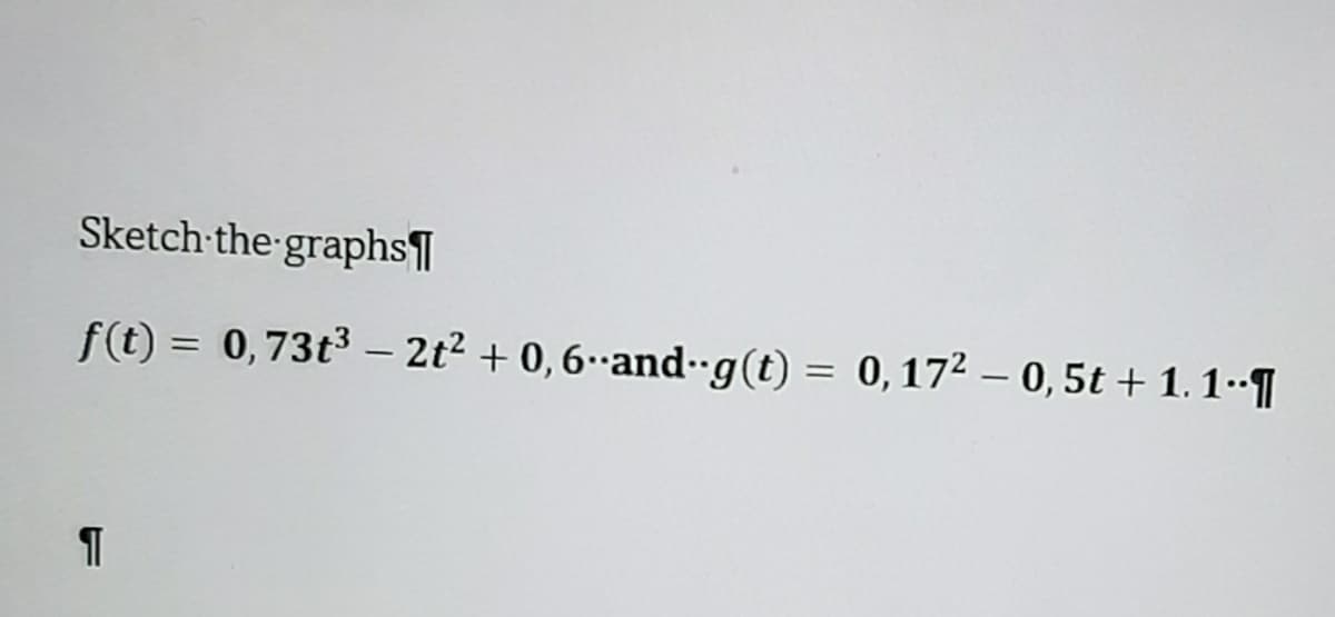 Sketch the graphs
f(t) = 0,73t³ - 2t² + 0,6-and-g(t) = 0, 17² - 0,5t + 1.1∙¶
1