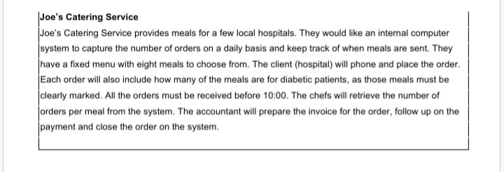 Joe's Catering Service
Joe's Catering Service provides meals for a few local hospitals. They would like an internal computer
İsystem to capture the number of orders on a daily basis and keep track of when meals are sent. They
|have a fixed menu with eight meals to choose from. The client (hospital) will phone and place the order.
Each order will also include how many of the meals are for diabetic patients, as those meals must be
clearly marked. All the orders must be received before 10:00. The chefs will retrieve the number of
orders per meal from the system. The accountant will prepare the invoice for the order, follow up on the
payment and close the order on the system.
