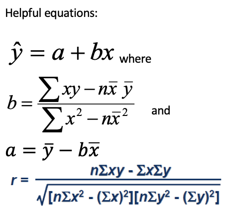 Helpful equations:
ŷ = a + bx
b =
where
xy-nx y
.2
Σx²-nx²
a = ỹ - bx
r =
and
nΣxy-ΣxΣy
[Σχ2 - (Σχ)2][nΣy2 - (ΣΥ)2]