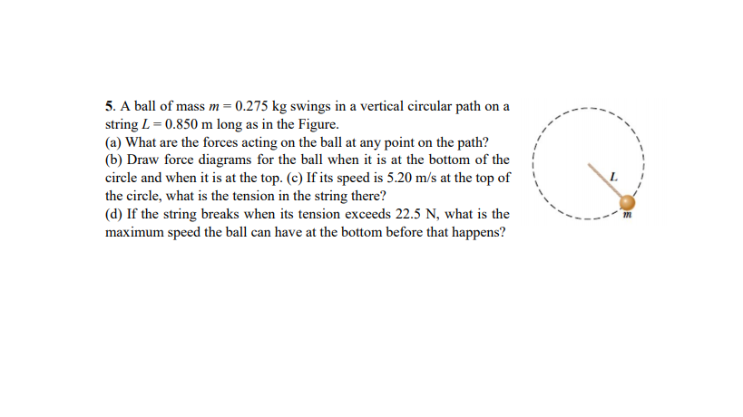 5. A ball of mass m = 0.275 kg swings in a vertical circular path on a
string L = 0.850 m long as in the Figure.
(a) What are the forces acting on the ball at any point on the path?
(b) Draw force diagrams for the ball when it is at the bottom of the
circle and when it is at the top. (c) If its speed is 5.20 m/s at the top of
the circle, what is the tension in the string there?
(d) If the string breaks when its tension exceeds 22.5 N, what is the
maximum speed the ball can have at the bottom before that happens?
