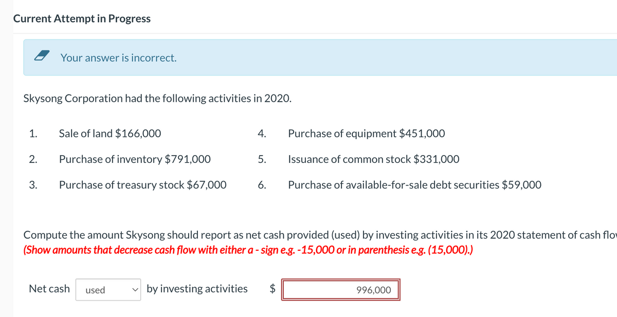 Current Attempt in Progress
Skysong Corporation had the following activities in 2020.
1.
2.
Your answer is incorrect.
3.
Sale of land $166,000
Purchase of inventory $791,000
Purchase of treasury stock $67,000 6.
Purchase of equipment $451,000
5. Issuance of common stock $331,000
Net cash used
4.
Compute the amount Skysong should report as net cash provided (used) by investing activities in its 2020 statement of cash flo
(Show amounts that decrease cash flow with either a - sign e.g. -15,000 or in parenthesis e.g. (15,000).)
Purchase of available-for-sale debt securities $59,000
by investing activities $
996,000