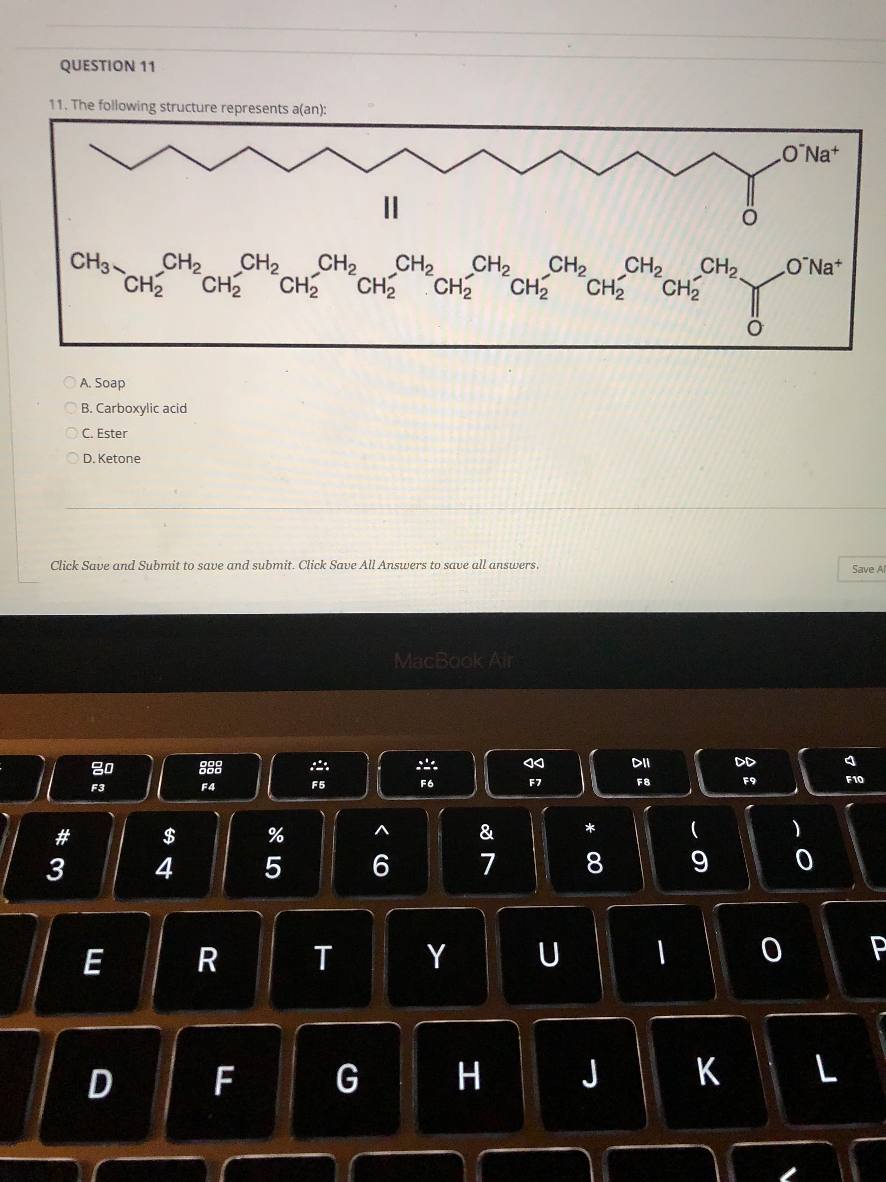 QUESTION 11
11. The following structure represents a(an):
ONa+
||
CH3~
CH2
CH2 CH2
CH2
CH2
CH2
CH2
CH2
ONa+
CH2
CH CH CH2
CH
CH CH CH
A. Soap
O B. Carboxylic acid
C. Ester
D. Ketone
