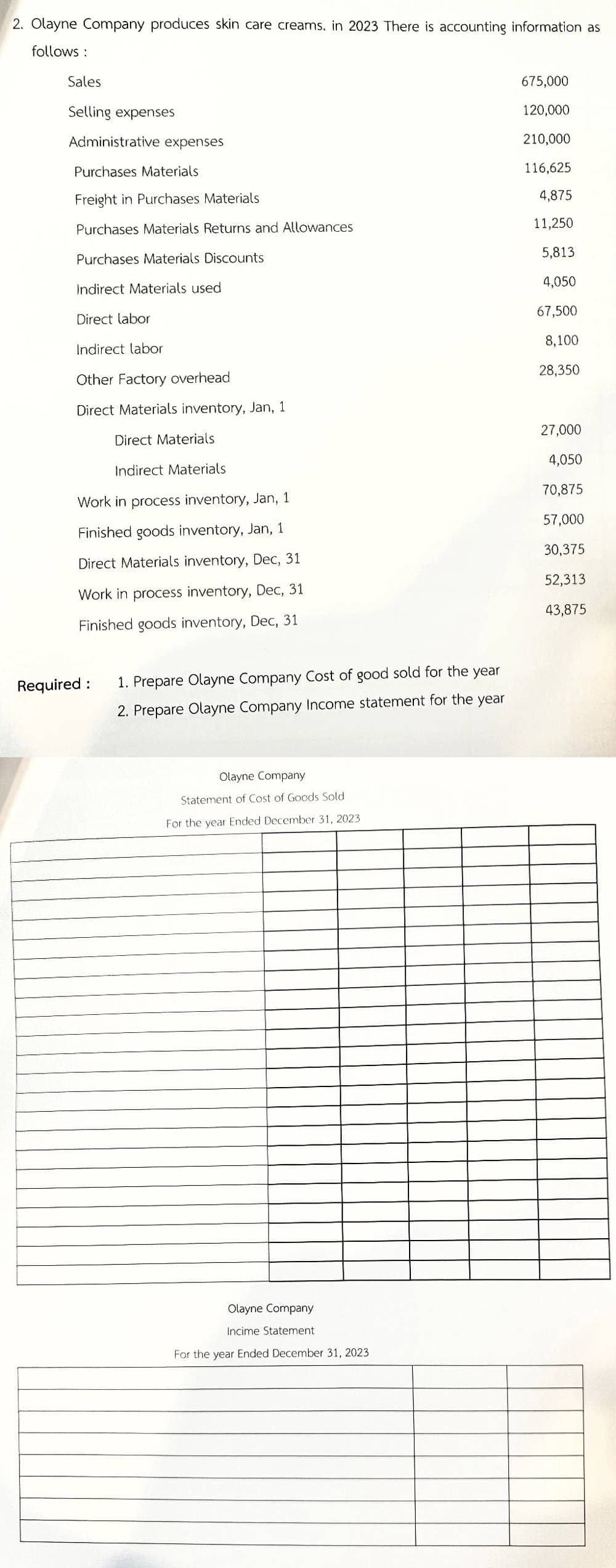 2. Olayne Company produces skin care creams. in 2023 There is accounting information as
follows:
Sales
Selling expenses
Administrative expenses
Purchases Materials
Freight in Purchases Materials
Purchases Materials Returns and Allowances
Purchases Materials Discounts
Indirect Materials used
Direct labor
Indirect labor
Other Factory overhead
Direct Materials inventory, Jan, 1
Direct Materials
Indirect Materials
Work in process inventory, Jan, 1
Finished goods inventory, Jan, 1
Direct Materials inventory, Dec, 31
Work in process inventory, Dec, 31
Finished goods inventory, Dec, 31
Required:
1. Prepare Olayne Company Cost of good sold for the year
2. Prepare Olayne Company Income statement for the year
Olayne Company
Statement of Cost of Goods Sold
For the year Ended December 31, 2023
Olayne Company
Incime Statement
For the year Ended December 31, 2023
675,000
120,000
210,000
116,625
4,875
11,250
5,813
4,050
67,500
8,100
28,350
27,000
4,050
70,875
57,000
30,375
52,313
43,875