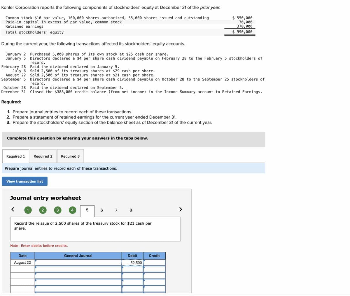 Kohler Corporation reports the following components of stockholders' equity at December 31 of the prior year.
Common stock-$10 par value, 100,000 shares authorized, 55,000 shares issued and outstanding
Paid-in capital in excess of par value, common stock
Retained earnings
Total stockholders' equity
During the current year, the following transactions affected its stockholders' equity accounts.
January 2 Purchased 5,000 shares of its own stock at $25 cash per share.
January 5
February 28
$ 550,000
70,000
370,000
$ 990,000
Directors declared a $4 per share cash dividend payable on February 28 to the February 5 stockholders of
record.
Paid the dividend declared on January 5.
July 6 Sold 2,500 of its treasury shares at $29 cash per share.
Sold 2,500 of its treasury shares at $21 cash per share.
August 22
September 5
October 28
December 31
Required:
Directors declared a $4 per share cash dividend payable on October 28 to the September 25 stockholders of
record.
Paid the dividend declared on September 5.
Closed the $388,000 credit balance (from net income) in the Income Summary account to Retained Earnings.
1. Prepare journal entries to record each of these transactions.
2. Prepare a statement of retained earnings for the current year ended December 31.
3. Prepare the stockholders' equity section of the balance sheet as of December 31 of the current year.
Complete this question by entering your answers in the tabs below.
Required 1
Required 2 Required 3
Prepare journal entries to record each of these transactions.
View transaction list
Journal entry worksheet
1
2
3
4
5
6
7
_8
Record the reissue of 2,500 shares of the treasury stock for $21 cash per
share.
Note: Enter debits before credits.
Date
August 22
General Journal
Debit
Credit
52,500
>