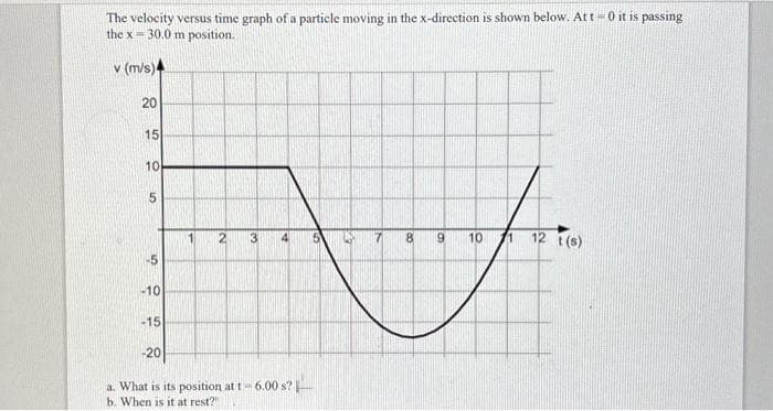 The velocity versus time graph of a particle moving in the x-direction is shown below. At t=0 it is passing
the x-30.0 m position.
v (m/s)4
20
15
10
5
5
-10
-15
1 2
3 4
-20
a. What is its position at t-6.00 s?
b. When is it at rest?"
8
9
10.
12 t(s)