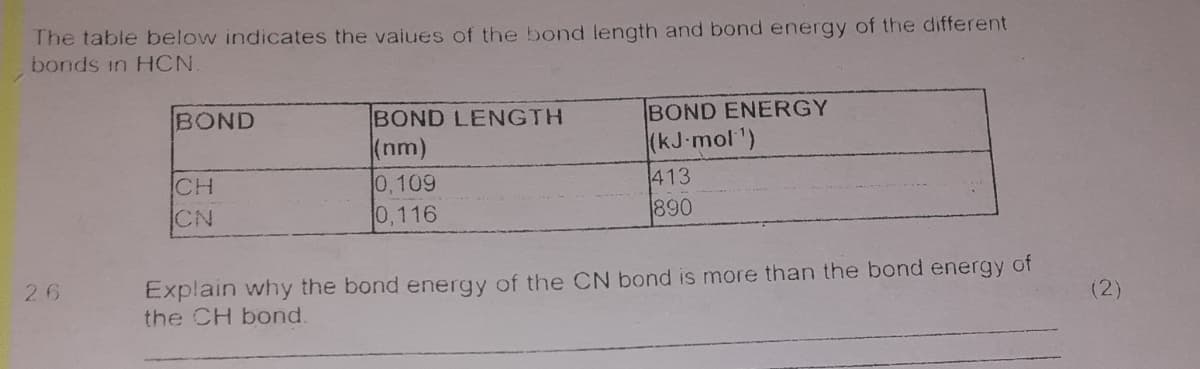 The table below indicates the vaiues of the bond length and bond energy of the different
bonds in HCN
BOND ENERGY
BOND LENGTH
(nm)
0,109
0,116
BOND
(kJ-mol')
413
CH
CN
890
Explain why the bond energy of the CN bond is more than the bond energy of
the CH bond
26
(2)
