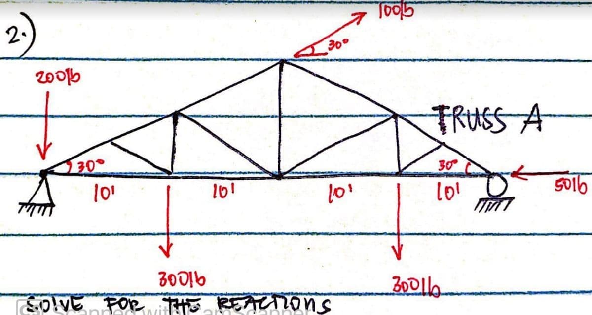 2.)
30°
20016
TRUSS A
30
30
101
101
5016
30016
SO!VE FORv REACIons
