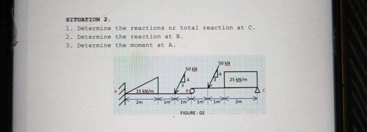 SITUATION 2.
1. Determine the reactions or total reaction at C.
2. Determine the reaction at B.
3. Determine the moment at A.
50 kN
50 kN
25 kN/m
15 kN/m
2m
Im
Im
Im
1m
2m
FIGURE - 02
