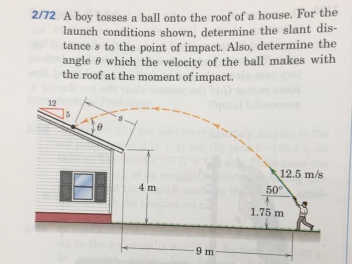 2/72 A boy tosses a ball onto the roof of a house. For the
launch conditions shown, determine the slant dis-
tance s to the point of impact. Also, determine the
angle 0 which the velocity of the ball makes with
the roof at the moment of impact.
Int12
5
4 m
9 m
12.5 m/s
50°
1.75 m