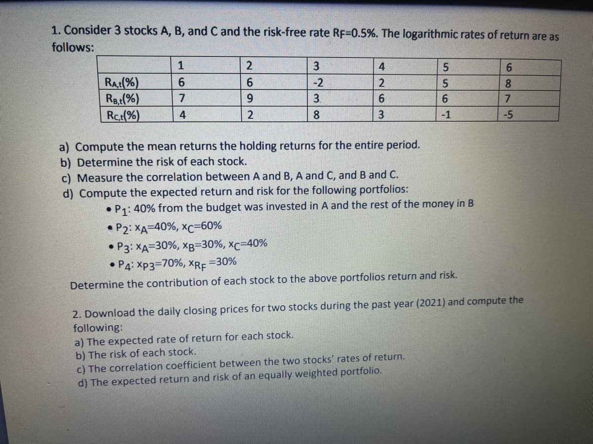 1. Consider 3 stocks A, B, and Cand the risk-free rate RF=0.5%. The logarithmic rates of return are as
follows:
6.
RA:(%)
RB.(%)
Ret(%)
6.
-2
8
9.
3.
8
-1
-5
a) Compute the mean returns the holding returns for the entire period.
b) Determine the risk of each stock.
c) Measure the correlation between A and B, A and C, and B and C.
d) Compute the expected return and risk for the following portfolios:
P1:40% from the budget was invested in A and the rest of the money in B
P2: XA-40%, xc-60%
• P3: XA=30%, xp=30%, xc=40%
P4: Xp3=70%, xRE =30%
Determine the contribution of each stock to the above portfolios return and risk.
2. Download the daily closing prices for two stocks during the past year (2021) and compute the
following:
a) The expected rate of return for each stock.
b) The risk of each stock.
c) The correlation coefficient between the two stocks' rates of return.
d) The expected return and risk of an equally weighted portfolio.
6 0074?I
426m
674
